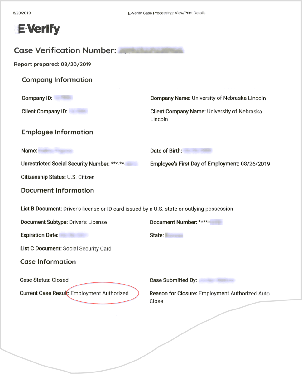 example letter from e-verify showing employment is authorized for the new hire or rehire employee