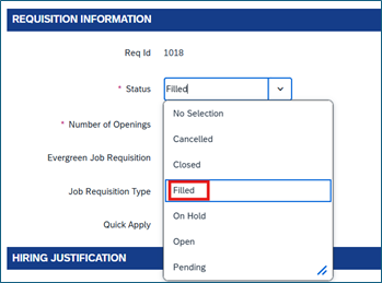 Change requisition status to Filled by selecting Filled