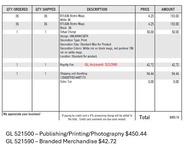 Invoice table detailing ordered items, pricing, shipping, and tax, totaling $493.16.