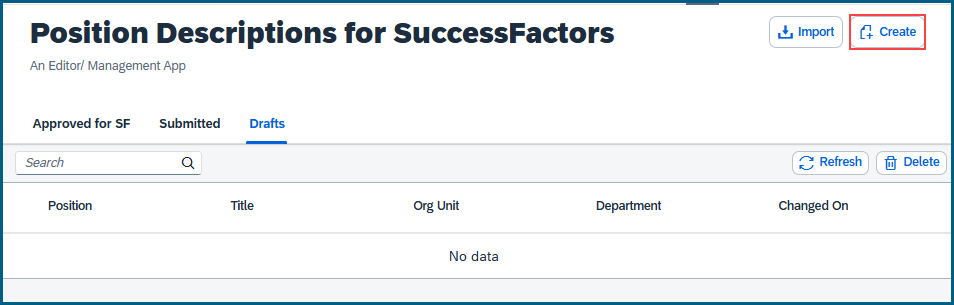 Position Descriptions screen, select Create button