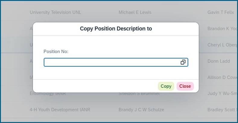 Pop up box titled Copy Position Description to showing position number field
