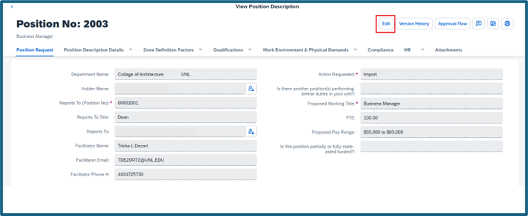 Position Number screen showing edit button