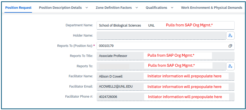 Position Request tab showing lines that pull from SAP or will be prepopulated with initiator entered information