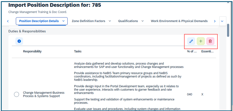 Import Position Description for screen Postion Description Details tab