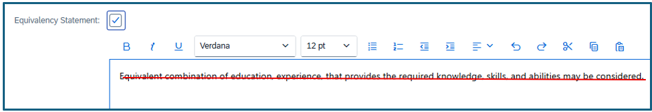 Equivalency Statement screen Do Not Use preformatted text