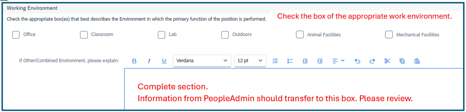 Working Environment screen