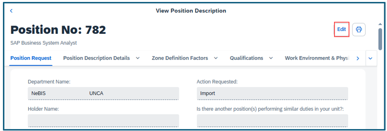 Position Number screen showing Postion Request tab