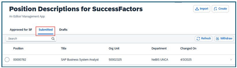Position Descriptions screen Submitted tab