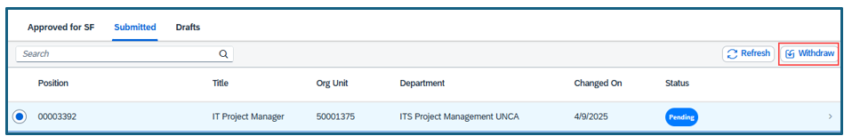 Submitted tab click Withdraw button