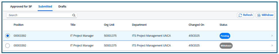 Submitted tab showing pending status