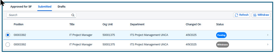 Submitted tab showing status changed to pending