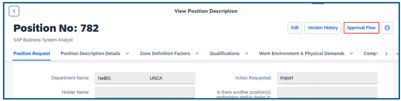 View Position Description screen Position Request tab Approval Flow selected