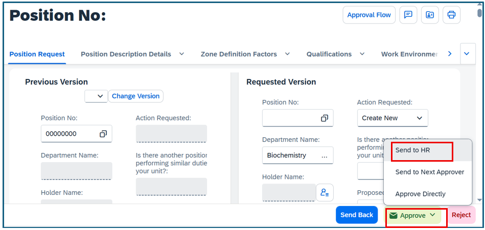 Approval screen showing Approve and Send to HR buttons