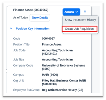 Create Job Requisition on Actions dropdown
