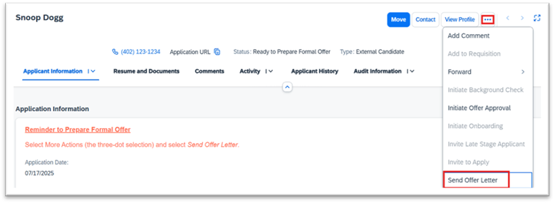 Send Offer Letter dropdown