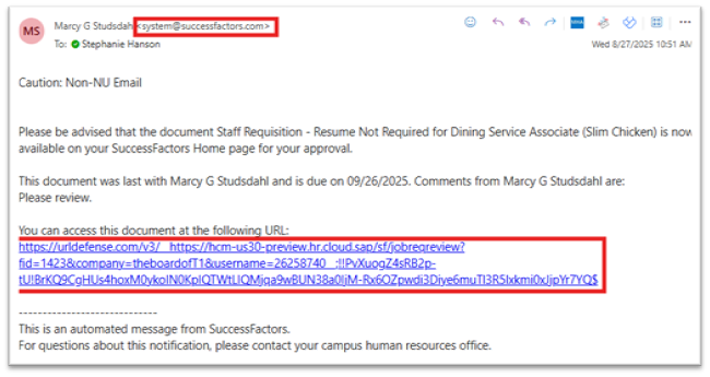 Approvers email showing hyperlink