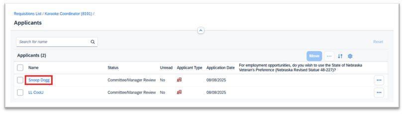 Applicant Workbench screen click Name