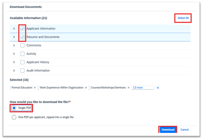Download documents window select specific documents
