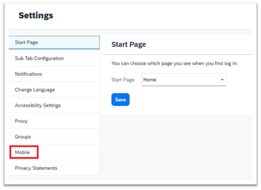 Settings page Select Mobile