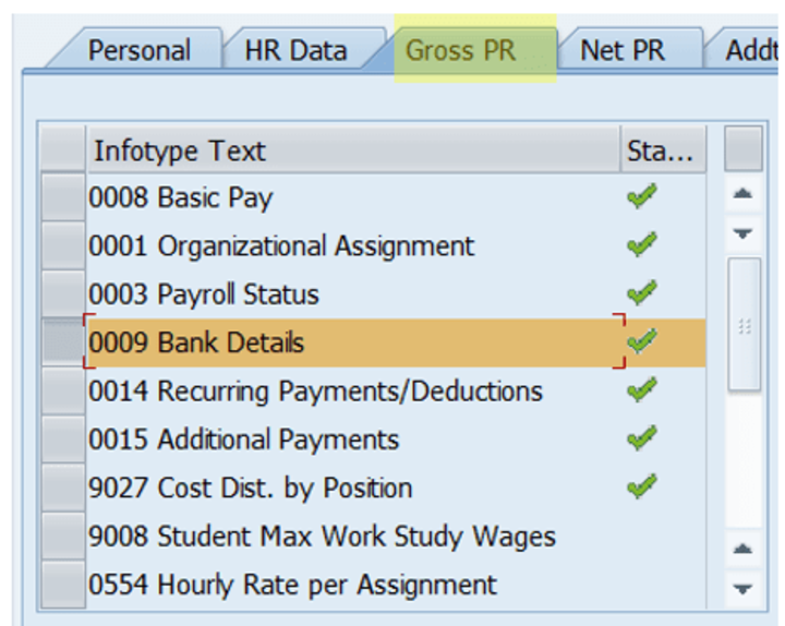 Gross Payroll tab IT009 Bank Details