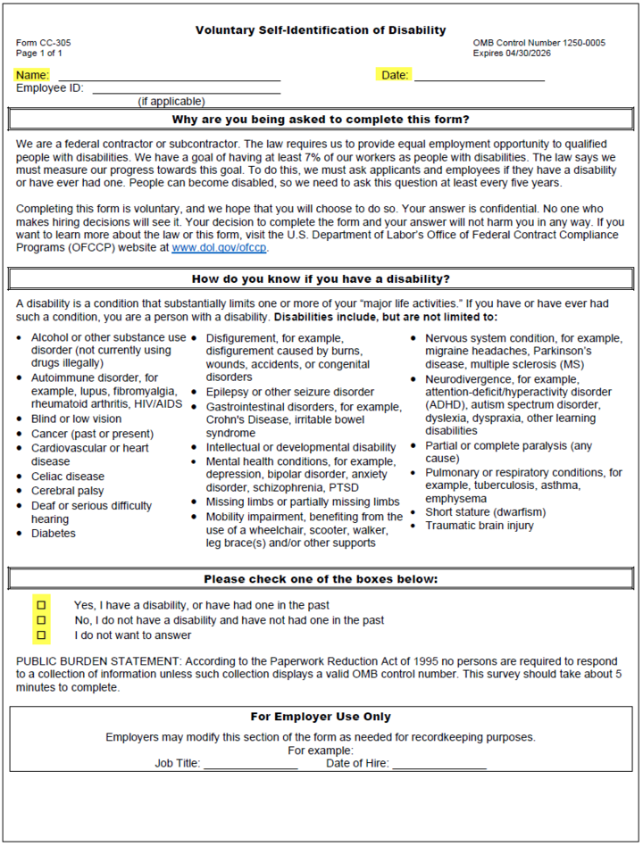 Voluntary Self Identification of Disability form