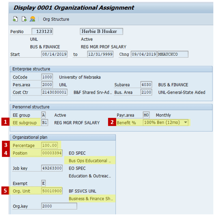 Display 0001 Organizational Assignment