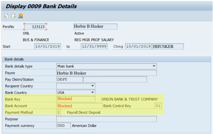 Display 0009 Bank Details