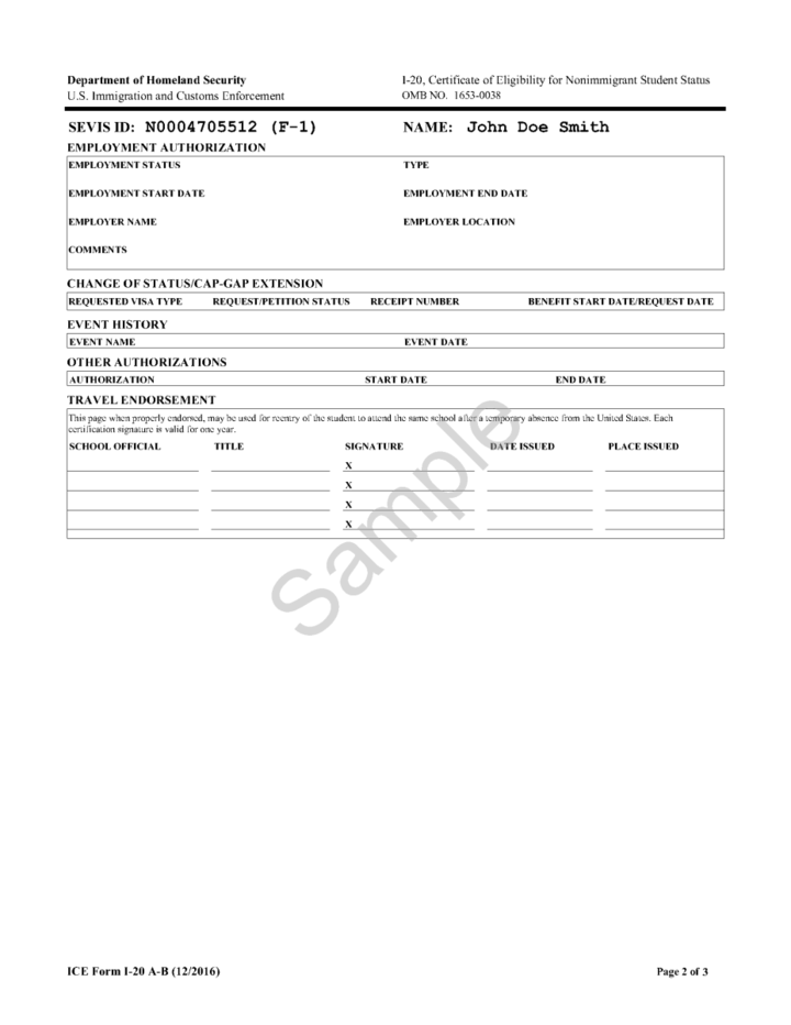 Form I-20 Sample Page 2