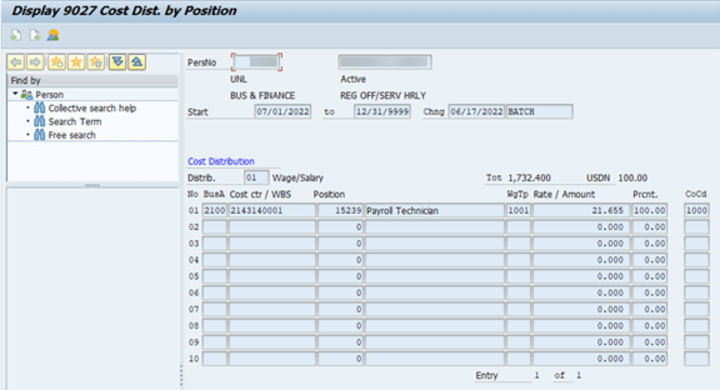 IT9027 Cost Distribution by Position Screen