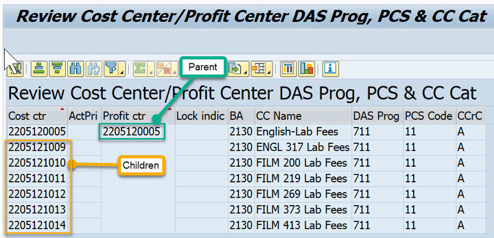 Parent Children Cost Center example in SAP
